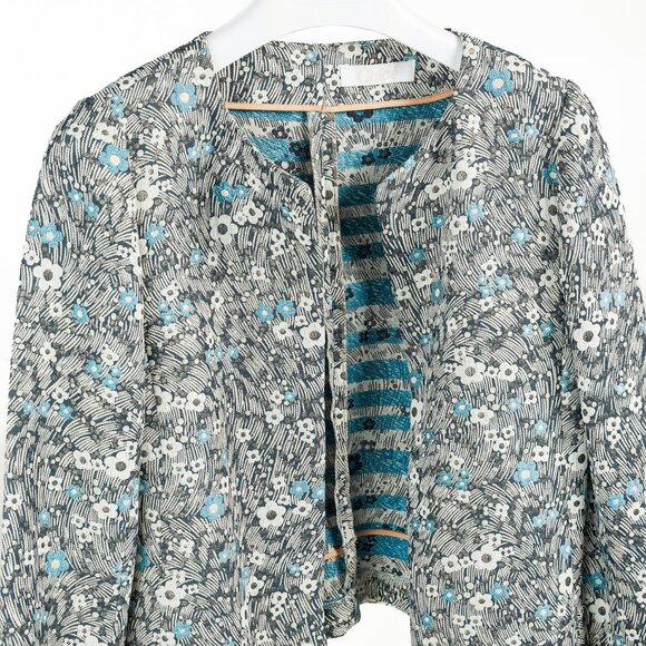 Chloe Blue and Gold Floral Brocade Boxy Cropped Jacket - Picture 3 of 7